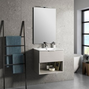 Mobile bagno moderno sospeso One avana pietra. Mobili sospesi in legno, completo di specchio, illuminazione LED e lavabo.