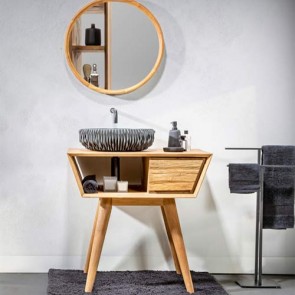 Mobile bagno legno vintage, consolle Cipì in teak naturale di recupero levigato con cassetto frontale effetto trave.