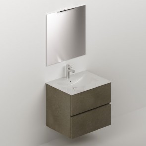 Mobile bagno moderno sospeso colore argilla. Mobili in legno rialzato completo di specchio, illuminazione LED e lavabo in ceramica.