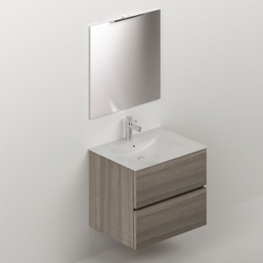 Mobile bagno moderno sospeso colore olmo. Mobili in legno rialzato completo di specchio, illuminazione LED e lavabo in ceramica.