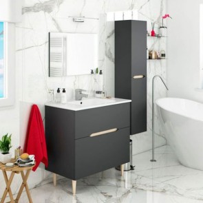 Mobile bagno moderno Denver con cassettone antracite e piedini in rovere. Mobili bagno Fores in legno completo di specchio, dimensioni 80X45X80h cm.