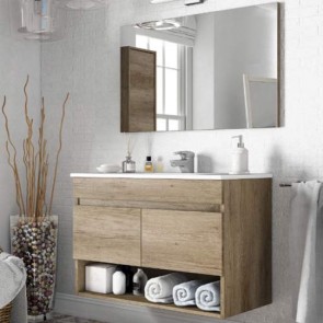Mobile bagno moderno sospeso 80 cm Dakota con due ante e un vano a giorno in rovere. 
