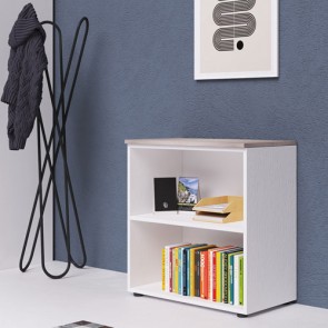 Mobile ufficio a giorno in legno bianco frassinato con top di colore olmo. Armadio multiuso con ripiani, ideale anche come libreria in cameretta dei bambini. Dimensioni 90x45x87 cm.