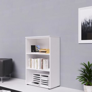 Mobile ufficio a giorno in legno bianco frassinato. Armadio multiuso con ripiani, ideale anche come libreria in cameretta dei bambini. Dimensioni 90x45x129 cm.