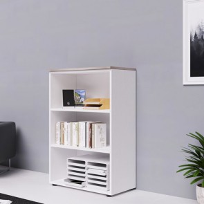 Mobile ufficio a giorno in legno bianco frassinato con top di colore olmo. Armadio multiuso con ripiani, ideale anche come libreria in cameretta dei bambini. Dimensioni 90x45x129 cm.