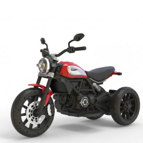 Motocicletta elettrica per bambini Ducati Scrambler Icon rossa con batteria 6 Volt. Moto da corsa per bambino con tre ruote, luci e suoni.