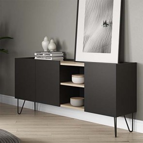 Credenze buffet nera TemaHome con 3 ante. Mobile in legno rovere con gambe in metallo nero per cucina e soggiorno.