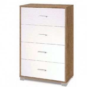 Cassettiera noce e bianca con 4 cassetti in legno nobilitato. Armadio settimino ideale per ufficio e camera da letto, dimensioni 70x41x112h cm.