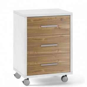 Cassettiera scrivania ufficio in legno 3 cassetti in noce stelvio, con serratura e ruote. Cassettiere scrivanie bianca per arredamento camerette con rotelle e chiave.