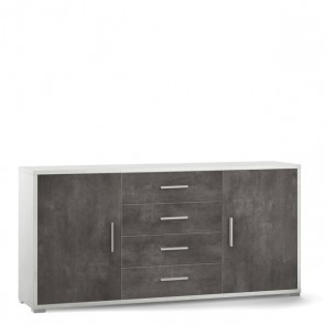 Mobile porta TV soggiorno con 4 cassetti. Cassettiera ufficio bianca ossido con due ante nere, misure 174x41x84 cm.