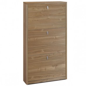 Armadio scarpiera slim con 3 ripiani a ribalta. Scarpiere salvaspazio armadietto tre ante in legno colore noce, dimensioni 63x18x117 cm.