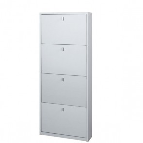 Armadio scarpiera slim con 4 ripiani a ribalta. Scarpiere armadietto salvaspazio quattro ante in legno colore bianco fiammato, dimensioni 63x18x154 cm.