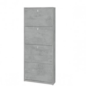 Armadio scarpiera slim con 4 ripiani a ribalta. Scarpiere armadietto salvaspazio quattro ante in legno colore cemento, dimensioni 63x18x154 cm.