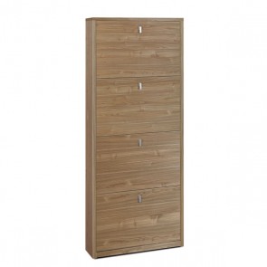 Armadio scarpiera slim con 4 ripiani a ribalta. Scarpiere armadietto salvaspazio quattro ante in legno noce stelvio, dimensioni 63x18x154 cm.