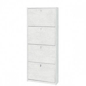 Armadio scarpiera slim con 4 ripiani a ribalta. Scarpiere armadietto salvaspazio quattro ante in legno colore bianco ossido, dimensioni 63x18x154 cm.