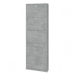Armadio scarpiera slim con 5 ripiani a ribalta. Scarpiere armadietto salvaspazio cinque ante in legno colore cemento, dimensioni 63x18x190 cm.