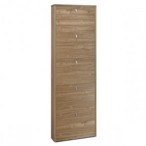 Armadio scarpiera slim con 5 ripiani a ribalta. Scarpiere armadietto salvaspazio cinque ante in legno colore noce stelvio, dimensioni 63x18x190 cm.Armadio scarpiera slim con 5 ripiani a ribalta. Scarpiere armadietto salvaspazio cinque ante in legno colore