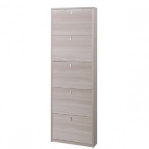 Armadio scarpiera slim con 5 ripiani a ribalta. Scarpiere armadietto salvaspazio cinque ante in legno colore olmo chiaro, dimensioni 63x18x190 cm.