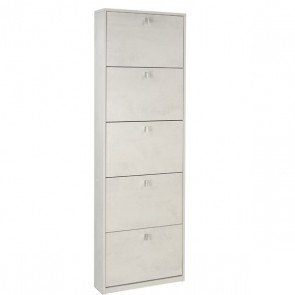 Armadio scarpiera slim con 5 ripiani a ribalta. Scarpiere armadietto salvaspazio cinque ante in legno colore bianco ossido, dimensioni 63x18x190 cm.