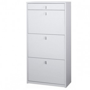 Armadio scarpiera slim con 3 ripiani a ribalta e un cassetto. Scarpiere armadietto salvaspazio tre ante in legno colore bianco fiammato