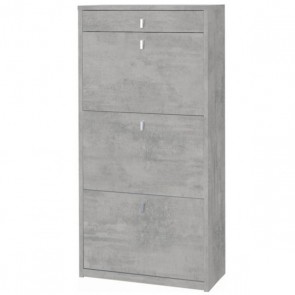 Armadio scarpiera slim con 3 ripiani a ribalta e un cassetto. Scarpiere armadietto salvaspazio tre ante in legno colore cemento