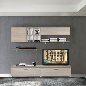 Parete attrezzata soggiorno olmo con ante a ribalta. Mobile porta TV sospeso, ideale anche come arredamento cucina.