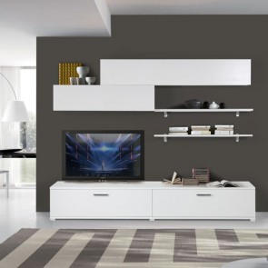 Parete attrezzata soggiorno bianca con ante a ribalta. Mobile porta TV sospeso bianco frassinato, ideale anche come arredamento cucina.