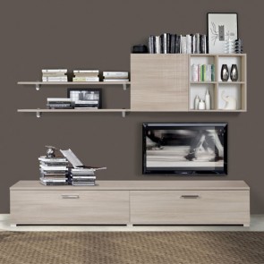 Parete attrezzata soggiorno olmo con ante a ribalta. Mobile porta TV sospeso, ideale anche come arredamento cucina.