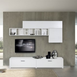 Parete attrezzata soggiorno bianca con ante a ribalta. Mobile porta TV sospeso bianco frassinato, ideale anche come arredo in cucina.