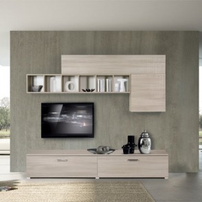 Parete attrezzata soggiorno olmo con ante a ribalta. Mobile porta TV sospeso, ideale anche come arredo in cucina.