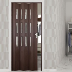 Porte interne a soffietto moderne, porta a soffietto noce mansonia con vetro molato neutro per gli interni della casa. Dimensioni 88,5x214 cm