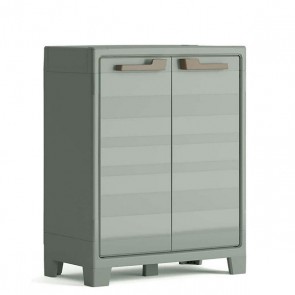 Armadio tuttopiani basso da esterno grigio verde con 2 ripiani regolabili. Armadietto multiuso impermeabile da giardino con chiusura lucchettabile H100x80x44.