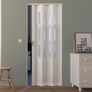 Porte interne a soffietto moderne, porta a soffietto pino bianco con vetro satinato per gli interni della casa. Dimensioni 88,5x214 cm