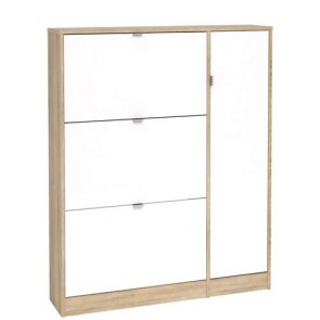 Armadio scarpiera con 3 ribalte doppie più un anta con 5 ripiani. Scarpiere armadietto tre ante in legno colore rovere