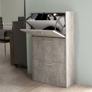Armadio scarpiera con 3 ripiani a ribalta, alta 105 cm. Scarpiere salvaspazio in legno con tre ante grigio effetto cemento, ideali per scarpe e stivali.