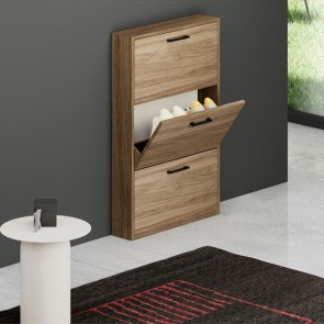 Armadio scarpiera slim con 3 ripiani a ribalta, alta 108 cm. Scarpiere salvaspazio in legno tre ante noce naturale, ideali per scarpe e stivali.