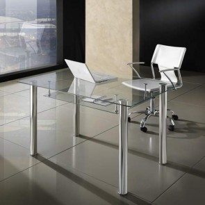 Scrivania ufficio design, scrivanie tavolo Pc con piano in vetro temperato e gambe in metallo cromato dimensioni 75x70x120 cm.