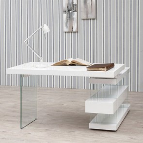 Scrivania ufficio dal design moderno con struttura e piano in legno MDF bianco. Scrivanie casa con gambe in vetro temperato.