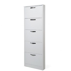 Armadio scarpiera slim con 5 ante a ribalta, alta 180 cm. Scarpiere salvaspazio in legno cinque ripiani colore bianco frassinato, ideali per scarpe e stivali.