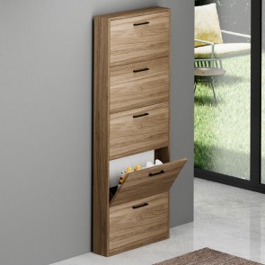Armadio scarpiera slim con 5 ripiani a ribalta, alta 180 cm. Scarpiere salvaspazio in legno 5 ante noce naturale, ideali per scarpe e stivali.