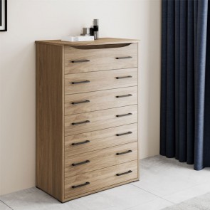 Cassettiera noce naturale con 7 cassetti in legno nobilitato. Mobile settimini ideale per camerette e camera da letto, dimensioni 76x41x127H cm.
