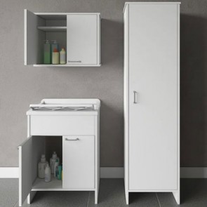 Kit mobile lavatoio in PVC antiacido, con vasca lavaggio in polipropilene. Mobili lavanderia con pensile e colonna portascope, ideale anche per l'esterno.