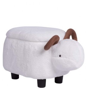 Pouf contenitore animale montone in tessuto bianco. Sgabello poggiapiedi con vano contenitore