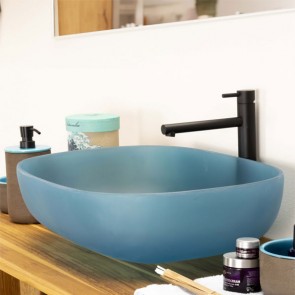Lavabo bagno da appoggio moderno in resina, lavandino sospeso rettangolare blu misure 55x40,5x16h cm.