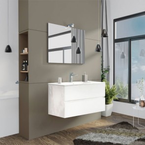 Mobile bagno moderno sospeso Splash bianco. Mobili Fores sospesi in legno, completo di specchio, illuminazione LED e lavabo