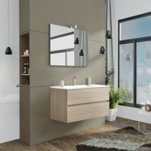 Mobile bagno moderno sospeso Splash. Mobili Fores sospesi in legno, colore rovere fumo completo di specchio, illuminazione LED e lavabo.