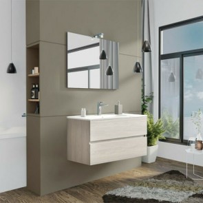 Mobile bagno moderno sospeso Splash. Mobili Fores sospesi in legno, colore rovere grigio completo di specchio, illuminazione LED e lavabo.