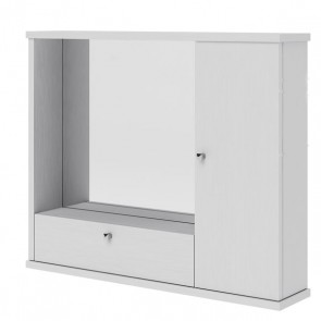 Mobile bagno bianco frassinato con specchio e luce, pensile bagno con anta ribalta. Dimensioni 73x14x61h cm.