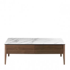 Tavolino rettangolare salone dal design moderno con piano in marmo, tavolini realizzati in legno impiallacciato noce.