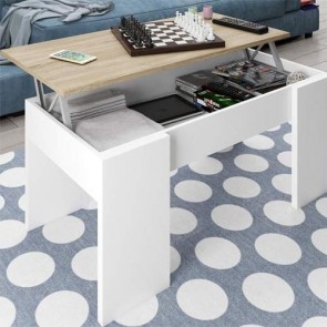 Tavolino salotto in legno bianco con piano in rovere elevabile e spazio contenitore, tavolini soggiorno
